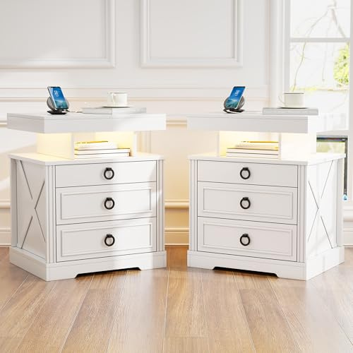 Gurexl Set of 2 LED Bedside Table with Gun Drawer, Charging Bedside Tables with USB & Type-C Port, Human Sensor Light, Open Compartment and 2 Drawers Rustic Wood Sofa Side End Table(White)