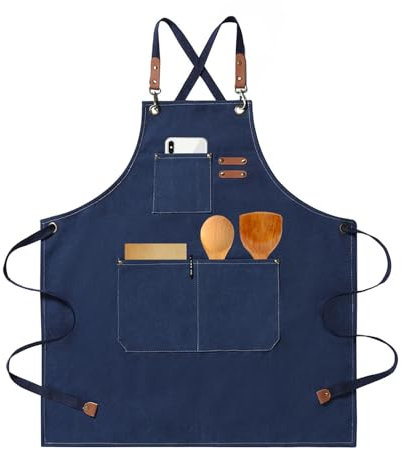 HIUOUIH Grembiule Cucina Grembiule Barbecue Uomo Regolabile Grembiule da Lavoro Donna con 3 Tasche Grembiuli in Tela Chef per Ristorante Bar Ristorante Pittura, Marina