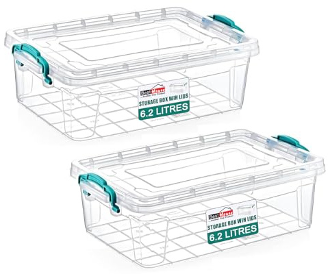 Best House|Plastic Storage Box with Lid | Size 6.2L(L:36.8cm W:23.5cm H:12cm)|Set of 2|Stackable Clear Durable Multipurpose Office supplies Home Kitchen Tools Crafts Household Versatile(SMALL Size)