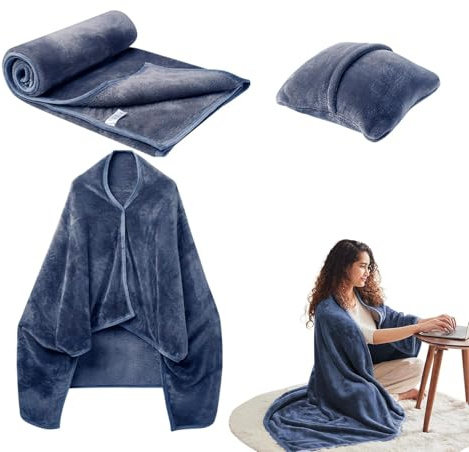 Couverture de voyage compacte | Ensemble de coussins pour voyage en avion léger – Manteau poncho portable pour adulte, couverture d'avion en flanelle douce pour les voyages