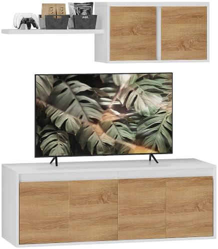 HOMCOM Mobile TV e Armadietto a Muro 120x41x43.3 cm Bianco e Color Legno | Set, 7 Ripiani e Scaffale Aperto, Mobile Porta TV, Truciolato, Scaffali per TV