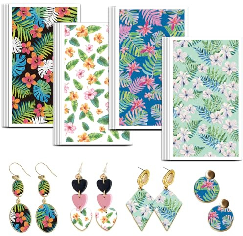 OLYCRAFT 24Pcs Plants Clay Transfer Paper 4 Design Transfer Paper for Polymer Tropical Flower Polymer Clay Transfers Sheets Monstera Deliciosa Small Transfers Papers for Clays Earrings Jewelry Making