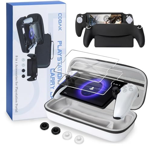 CoBak hårt fodral för PlayStation Portal Remote Player - med 2 skärmskydd, 1 greppskydd och 4 tumgreppsskydd, hårt ytterskal för PS5 Portal, vit