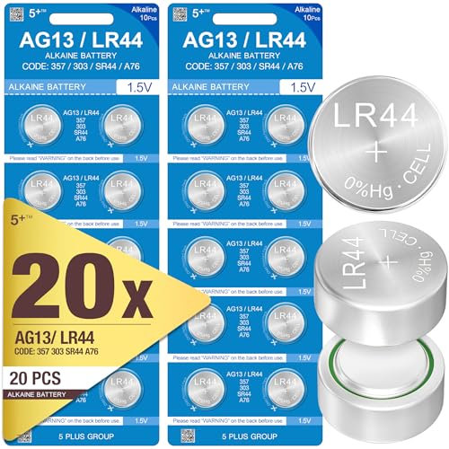5Plus 20-Pack LR44 AG13 1.5V Alkaline Button Cell Batteries 357, SR44, A76, L1154F Compatible – High Capacity Battery for Watches, Key Fobs, Glucometers & More