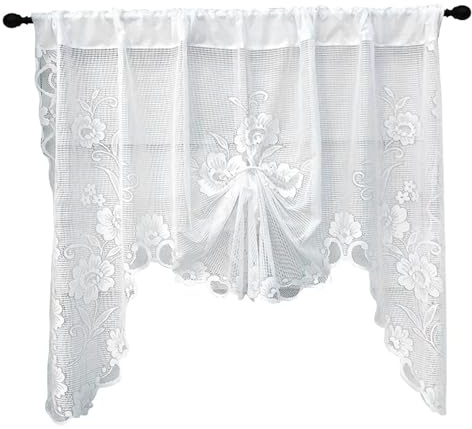 Jorzer Tende da cucina in pizzo, 180,3 x 99,1 cm, bianco con ricamo floreale, tende da cucina velate stile principessa, con cascata ricamata, per bagno
