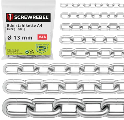 SCREW REBEL 13,0 mm starke Edelstahlkette A4 rostfrei, Industriekette 3 m lang, kalibriert, Eisenkette kurzgliedrig DIN 766, Stahlkette, Schiffskette V4A mit 3 Meter Länge