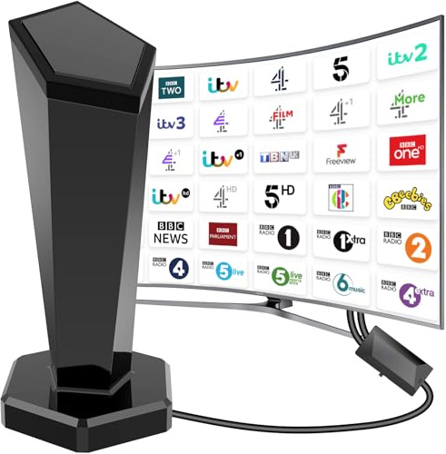 Indoor TV aerial,Freeview digital TV aerial with smart amplifier,magnetic base, 3-metre cable,reception range of over 420 km & 360-degree,supports 4K/1080P & VHF/UHF/DAB Radio & All TVs