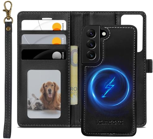 XTCASE Leder Hülle für Samsung Galaxy S22 5G Magnetisch Kompatibel mit MagSafe, 2 in 1 Abnehmbare Handyhülle Flip Case [Kabelloses Laden] [Kartenfach] [Ständer] Klappbare Klapphülle, Schwarz