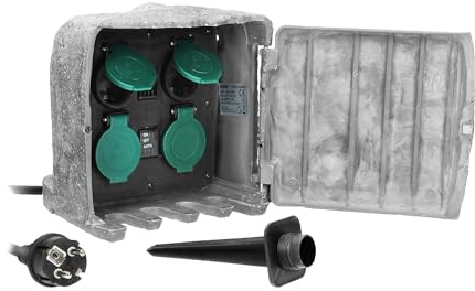 Robuste Gartensteckdose 4-fach SchuKo – 3m Kabel H07RN-F, IP44 Spritzwassergeschützt, mit Dämmerungsautomat, Außensteckdose für Garten & Terrasse, 3680W belastbar