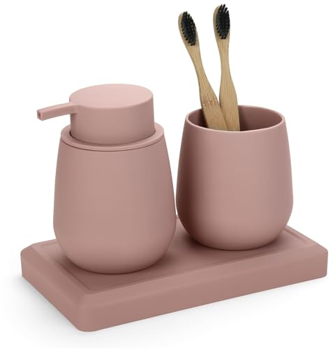 AJEUNGAIN Set Bagno Rosa - Dispenser Sapone, Portaspazzolino, Vassoio da Vanity, Moderno Accessori Bagno con Rivestimento in Gomma, Organizzatore da Banco Decorativo (Rosa)