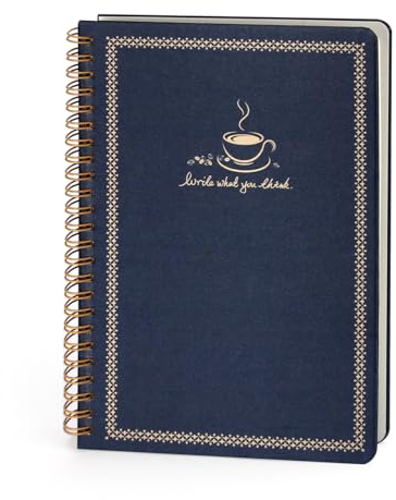 WETLOTE Spiral-Notizbuch A5 Liniert, 160 Seiten, 80 g/m² – Stoffeinband mit Goldfarbenem Kaffeetasse Druck für Schule, Büro & Reisen