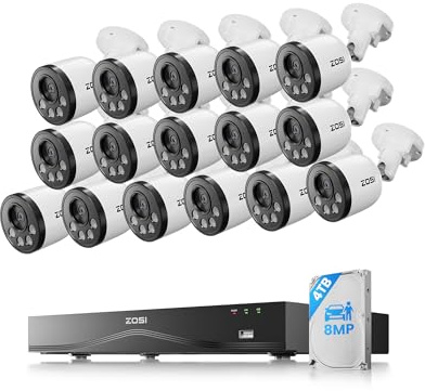 ZOSI 4K Kit Telecamera di Sorveglianza PoE per Esterni, 16CH NVR 4TB con 16 Telecamere Bullet IP da 8MP, Rilevamento Persone/Veicoli, Accesso Remoto, Visione Notturna IR 30M, Impermeabile IP66, C180