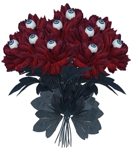 Fictory 10Pcs Artificial Dahlia Flowers with Eyeballs, Black and Red Halloween Decor, Realistic Fake Flowers for Spooky Party Centerpiece
