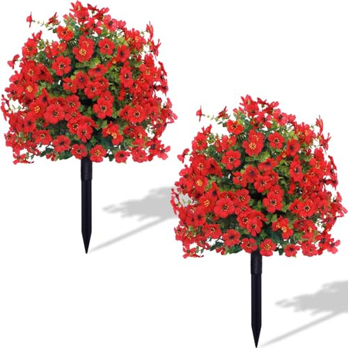 Árbol de boj artificial para exteriores con violetas, juego de 2 flores artificiales, resistentes a los rayos UV, adecuado para la decoración de porche, balcón y patio (rojo)