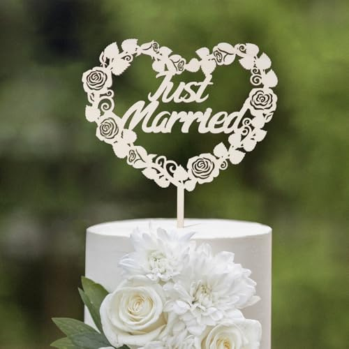 I LOVE MOM Just Married Cake Topper Hochzeit aus Holz,Tortendeko Hochzeit,Just Married Deko Hochzeitstorte,Tortenstecker Hochzeitsfeier,Hochzeitstorte Topper,Kuchen Topper für Verlobung Antrag Deko