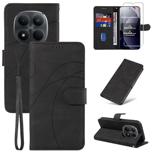 Coque pour Xiaomi Redmi Note 15 Pro 5G avec 1 Pièces Verre Trempé Protection, Premium PU Cuir Multifonction Magnétique Portefeuille à Rabat Flip Housse Étui pour Xiaomi Redmi Note 15 Pro 5G - Noir