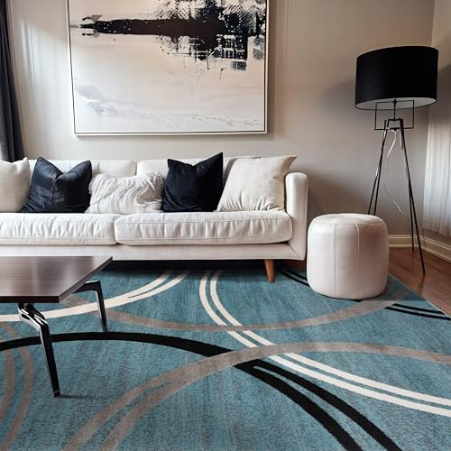 Rugshop Modern Wavy Circles Design Area Rug, Fade-Resistant Carpet for Living Room, Bedroom, or Dining Room, Blue, 5'3 x 7'3