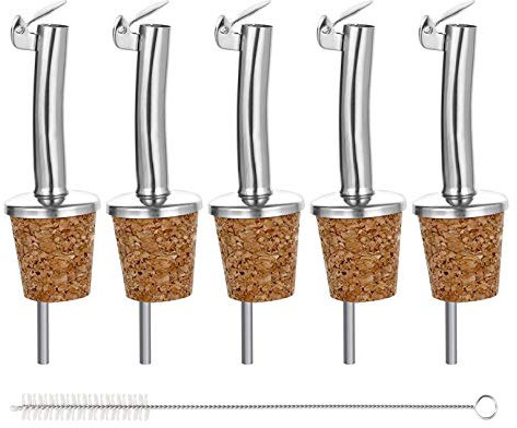Incutex 5x vertedores de botellas corcho y 1x cepillo de limpieza, boquillas aceite in acero inoxidable con tapón antigoteo, vertedor dosificador aceite, vino, vinagre