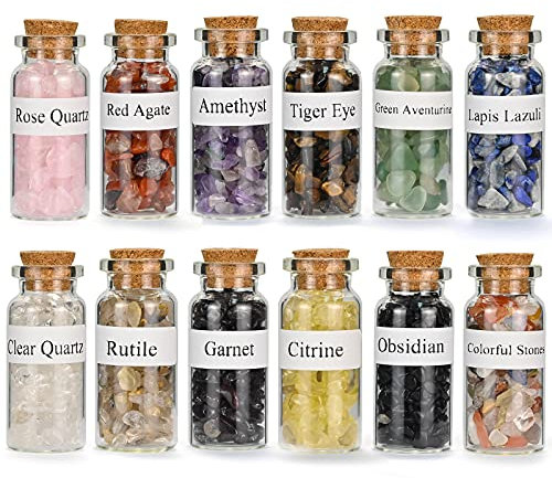 SIMDAO 12Pcs Crystals Gemstone Bottles Set, Healing Crystal Tumbled Stones Collection Kit Natural Quartz Gravel Wishing Bottle, Reiki, Healing, Meditation, DIY Decorations