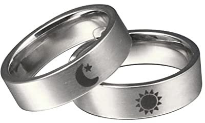 Aotiwe Eheringe Paar, Schmuck Damen Hochzeitstag Versprechen Gravierte Mond und Sonne Muster Edelstahl Silber W 54 &M 60