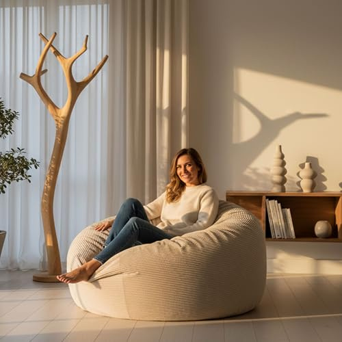LIVEDECO Rund sittsäck XXL i beige manchester, inomhus för vardagsrum, sovrum, avtagbart överdrag – Titan