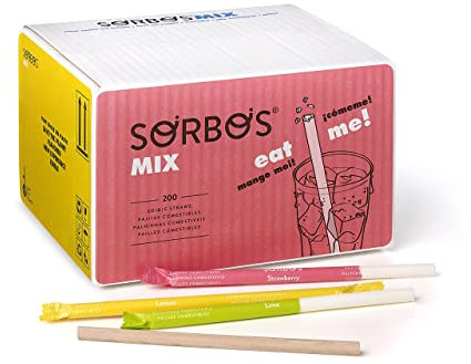 Sorbos - Cannucce commestibili gusti assortiti (cioccolato, lime, limone e fragola). Sostenibile, confezionato singolarmente, senza allergeni, senza glutine, 100% biodegradabile (confezione da 200)