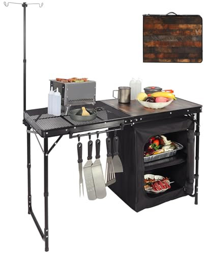 REDCAMP Bärbart campingköksbord med förvaringsorganisatör och krokar, hopfällbar campingkokstation för grillning, fest och picknick