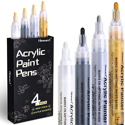 Hmeuest Metallic Acrylic Paint Pens, Medium Tip Acrylic Markers - White, Black, Gold and Silver Permanent Paint Pens for Stone Ceramic Glass Wood Christmas Card (4 Pack)