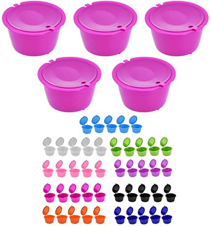 5Pcs Reusable Coffee Capsules Pods, 50ml Reusable Coffee Filters Refillable Coffee Capsules Cup with Spoon Filter Pod Cups for Dolce Gusto Coffee Machine(Rose Red)