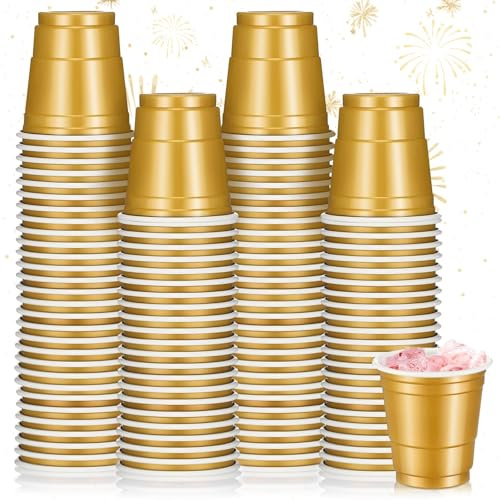 Roshtia 100 Pack 2 oz Plastic Shot Cups, Mini Disposable Shot Glasses 2 oz Wedding Party Cups for Bridal Shower Wedding Party, Beer Taste Serving, Snacks(Gold)