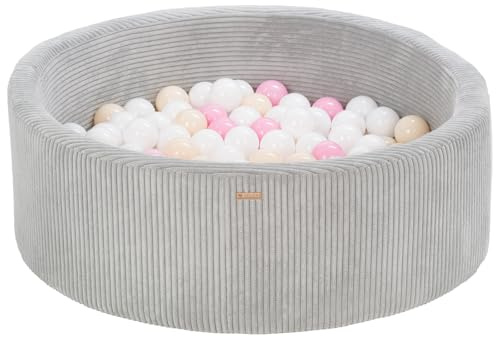 Bällebad Bällepool Bällebecken Spielbecken Kordsamt-Bezug 200 Bälle rund ⌀90 cm (Farbe des Pools/der Bälle: grau/weiß, rosa, cappuccinofarben)
