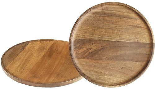 CLEENTABLE Lot de 2 assiettes rondes en bois de manguier - Plateau de service léger et naturel pour steak, collation, dessert, gâteau, pendaison de crémaillère - Marron foncé