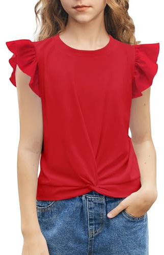 Arshiner Flicka 5–12 jaher skjorta kortärmad twist front t-shirt för flickor söta flygande ärmar sommar blus för flickor tunika t-shirt toppar, röd, 8-9 År