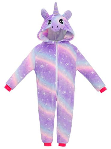 KAKU NANU Onesie pyjamas flicka enhörning kostym 2–10 år, 6 färger ett stycke fleecepyjamas flanell flicka med huva, Ljuslila, 6-8 år