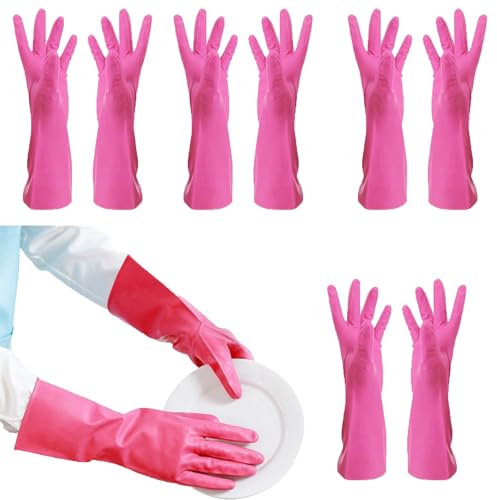 LUNCHS 4 Paare Putzhandschuhe Gitterdesign für Sicheren Halt Ding-Qing-Gummihandschuhe Haushaltshandschuhe(Pink,S)