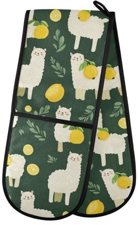 Double Oven Gloves Alpacas Lemons Green Heat Resistant Pot Holder Oven Mitt Gloves for BBQ Cooking Baking Grilling Microwave