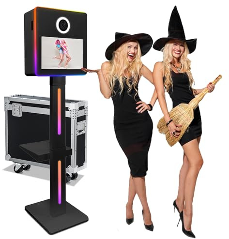 Portable Magic Mirror Photo Booth + Flightcase, 15,6-Zoll-Touchscreen-DSLR-Fotoautomat-Selfie-Maschine für Partys, Events, Hochzeiten, Mini-PC (8 GB + 128 G) + Windows 10 + RGB-Licht,Black
