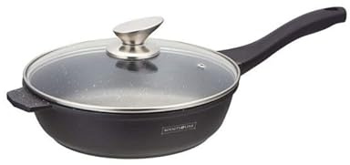 ROYALTY LINE, Sartén honda de aluminio con revestimiento de mármol y tapa de vidrio, Compatible con Gas, Eléctrica, Cerámica, Halógena, Inducción, 24 cm, color mármol