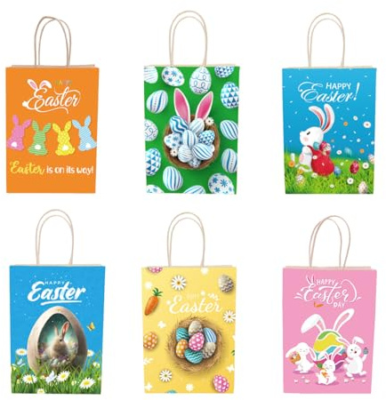 Ostertüten mit Henkel - 6 Stück Ostertüten zum Befüllen,Geschenktüten Ostern Papiertüten mit Ostereier Hasen,Geschenkpapier Ostern für Kinder zum Verpacken von Geschenken,Osterkörbchen zum Befüllen