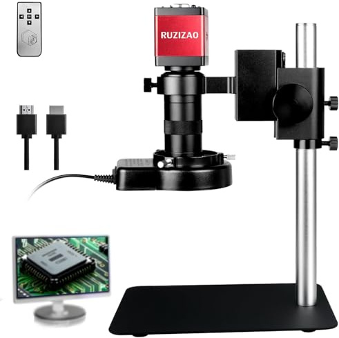 RUZIZAO Digital Microscope with Metal Base, 13MP 1080P HDMI VGA Industrial Microscope Magnifier, 130X Zoom C-Mount Lens, LED Ring Light, Bench Microscopes for Observation/Soldering/Electronic Repairs