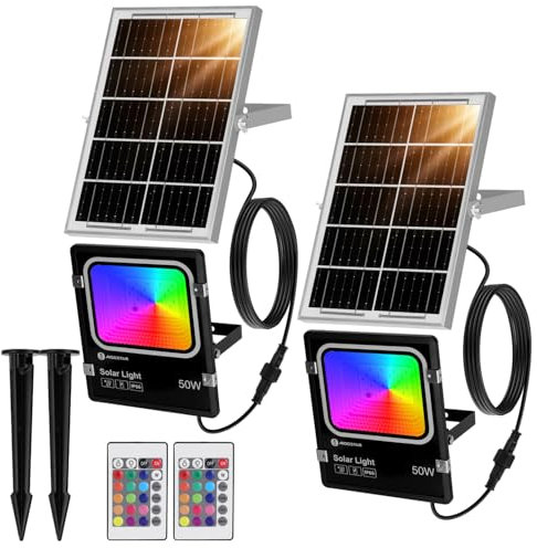 Aigostar - 50W Foco Solar Exterior RGB con Mando a Distancia, 4000mAH Batería de Gran Capacidad y Gran Panel Solar. Impermeable IP66. Proyector LED para Interior y Jardín, Patio, Camino, 2Uds