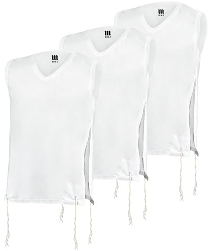 Pack of 3 Adults Tzitzit T-Shirt-100% Cotton V Neck Tallit Katan Chabad Meyuchad Thin Strings Undershirt, Kosher Premium Quality Size XL White