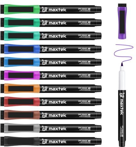 maxtek Magnetic Whiteboard Pens Markers, 12 Colours 0.7mm Ultra Fine Tip White Board Markers Erasable with Eraser, Low Odour Thin Dry Wipe Pens for Whiteboard Calendar (Pack of 12)