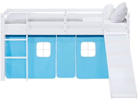 Homestyle4u Kinder-Hochbett mit Rutsche 90x200 cm - Kiefer Holz Weiß | Inklusive Lattenrost und Vorhang in Blau - Stabiles Massivholz Etagenbett für Jungen und Mädchen - Spielbett
