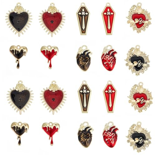 CRAFTYMELODY 20 Stück 10 Stile Halloween Herzanhänger Legierung Emaille Rot Goth Charms Zirkonia Schwarz Gold Herz Rose Sarg Kreuz Halloween Anhänger