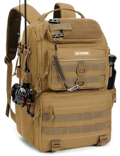 SKYSPER Tackle Backpack Fishing Bags with Rod Holder, 40L Water-Resistant Tackle Box Storage Bag for Fishing Gear Lures(Khaki)