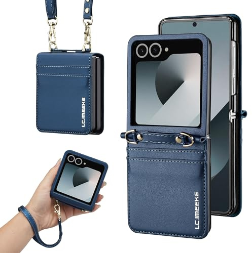 ZHOZEXIN Funda Protectora de Piel sintética con Tapa y Soporte para Samsung Galaxy Z Flip 7, Elegante, con Ranura para Tarjetas, Correa de Mano y Correa para el Hombro（Azul）