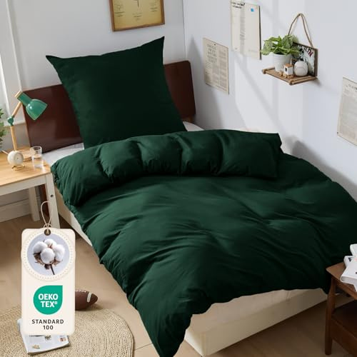 BEDELITE Bettwäsche 135x200 Baumwolle 2teilig mit Kissenbezug 80x80 | Bettbezug 135x200 + Kopfkissenbezug 80x80 mit Reißverschluss, Oeko-TEX Bettwäsche-Sets weiche und atmungsaktiv, Dunkelgrün