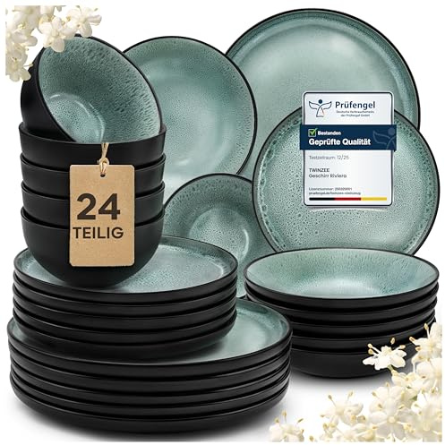 Twinzee Steingut Geschirrset 24-teilig für 6 Personen - Schüssel- und Teller Set - Tafelservice Mikrowellengeeignet aus Steinzeug - Riviera Kollektion
