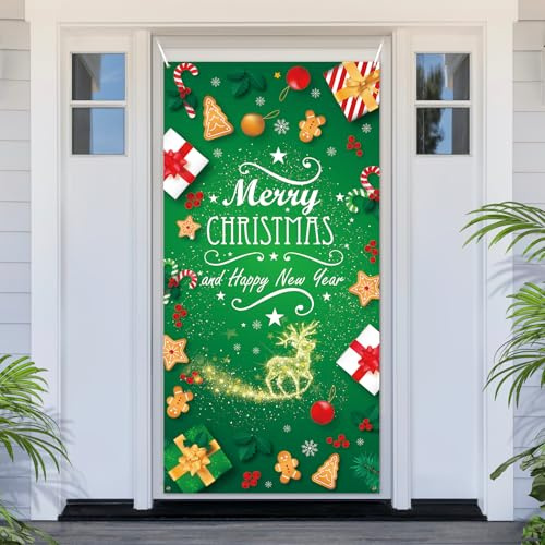 PartyYaa Pancarta de Puerta de Navidad, Decoraciones de Cabina de Fotos de Pancarta Navideña, Reno de Navidad y Caja de Regalo Letrero de Porche Adorno de Fiesta para Interiores y Exteriores (Verde)